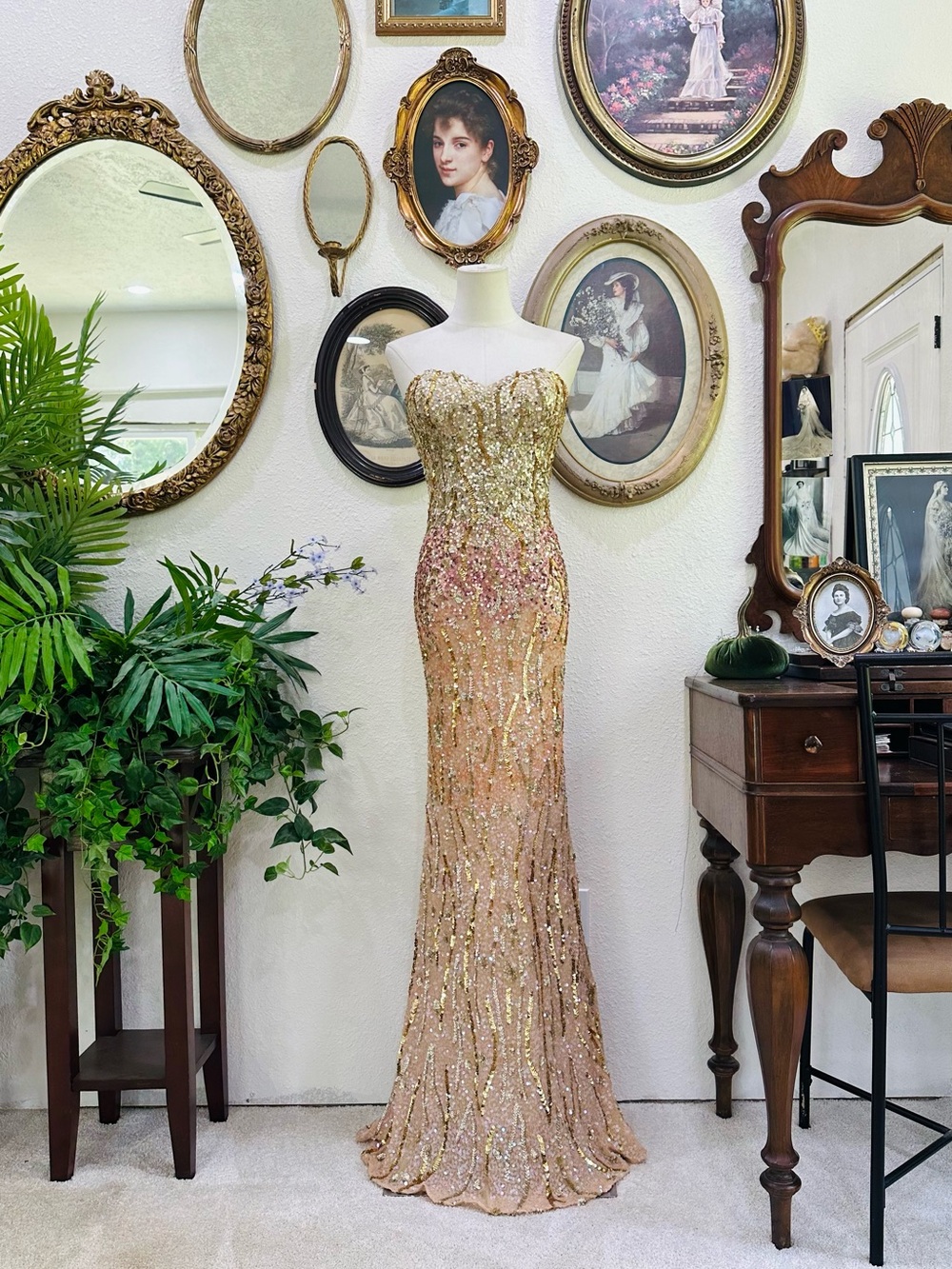 Scala Gold and Pink Sequin Strapless Maxi Gown - Picture 9 of 16